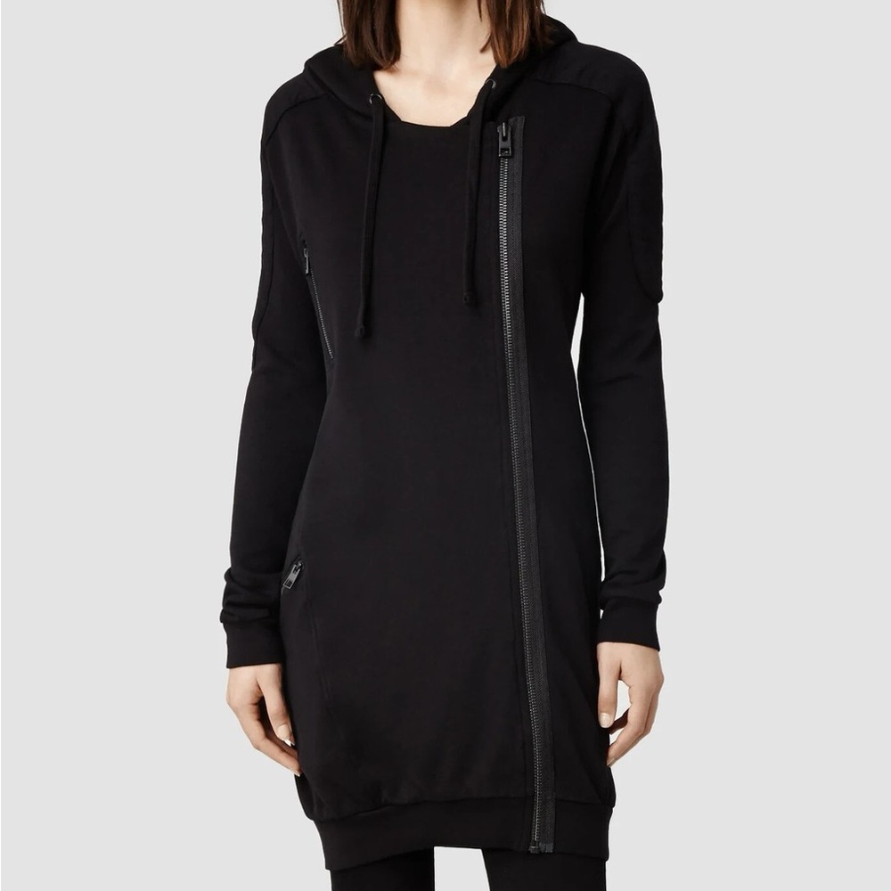 All Saints Black Asymmetrical Zip Hoodie Dress